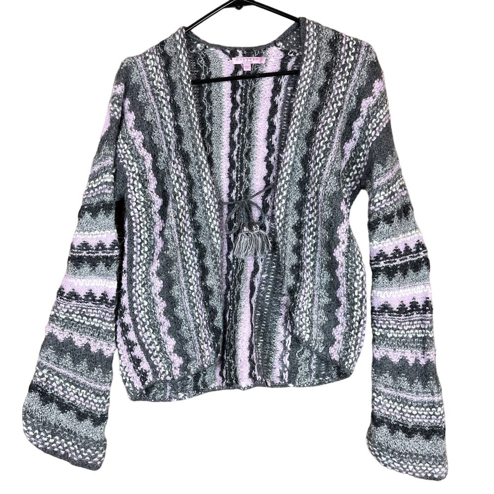Calypso Womens Cardigan Gray Purple Alpaca Open Front Bell Sleeve Boho Small